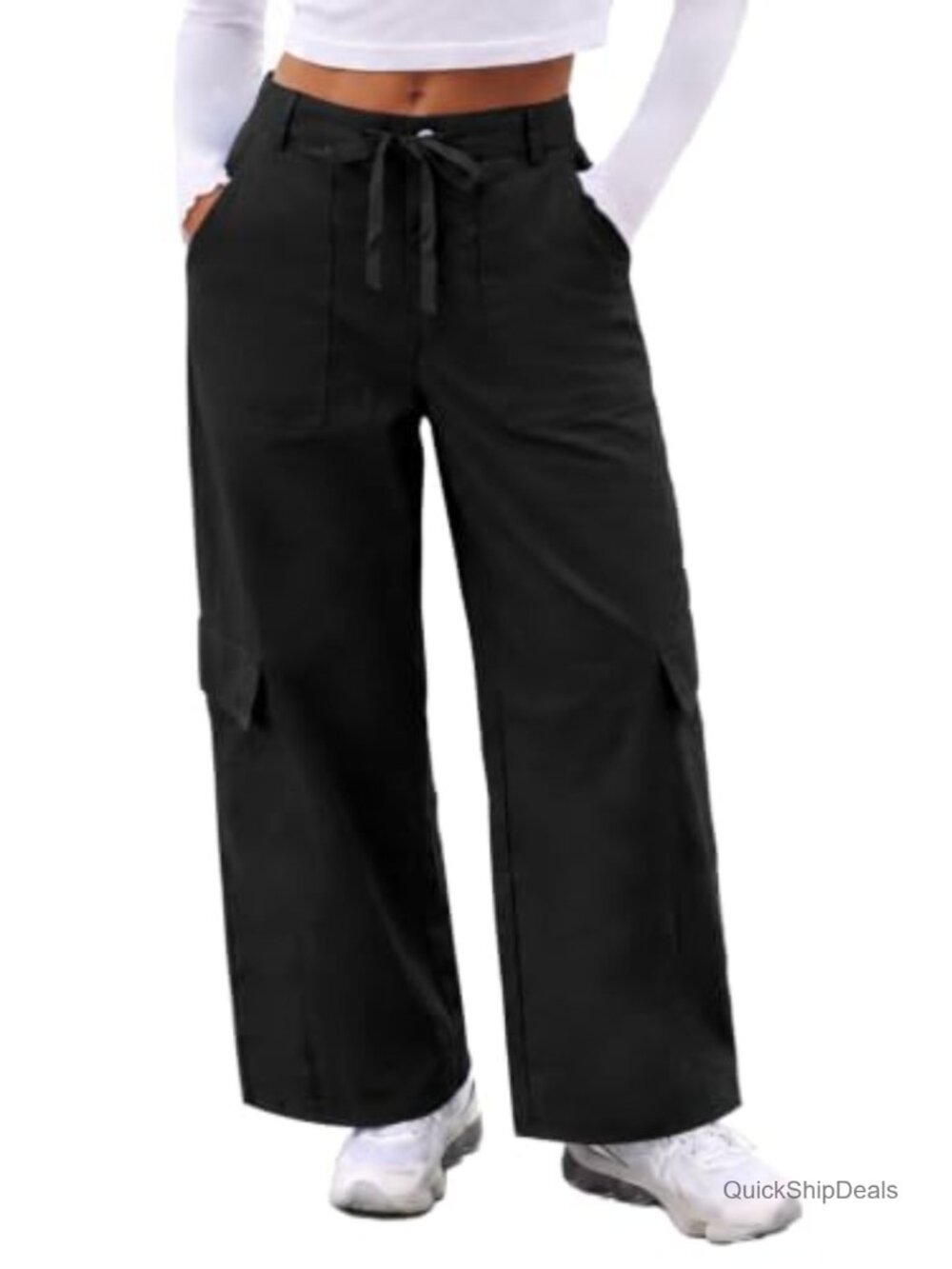 Women's Wide Leg Cargo Pants Y2K Streetwear Drawstring Waist Cotton Blend